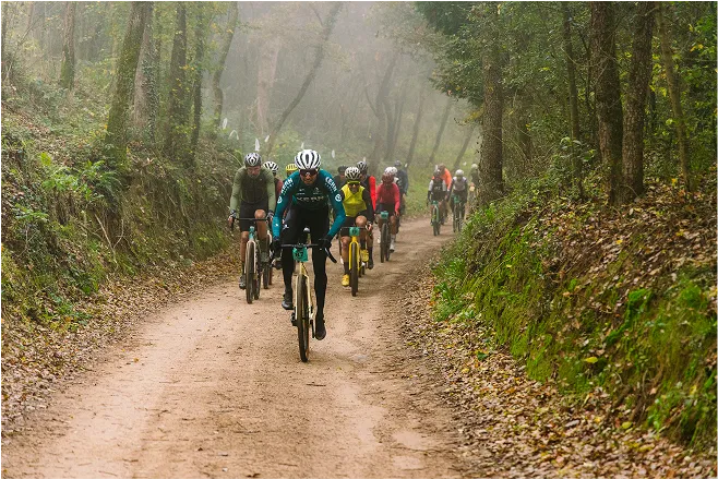 Ciclistas participando en La Plana Gravel Osona en plena ruta por caminos rurales