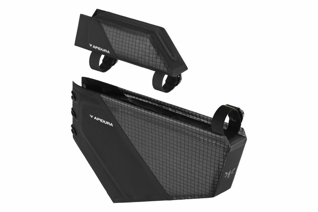 Componentes del Apidura Aero System L/XL mostrando el diseño Hexagrid y las fijaciones aerodinámicas para cuadros grandes.